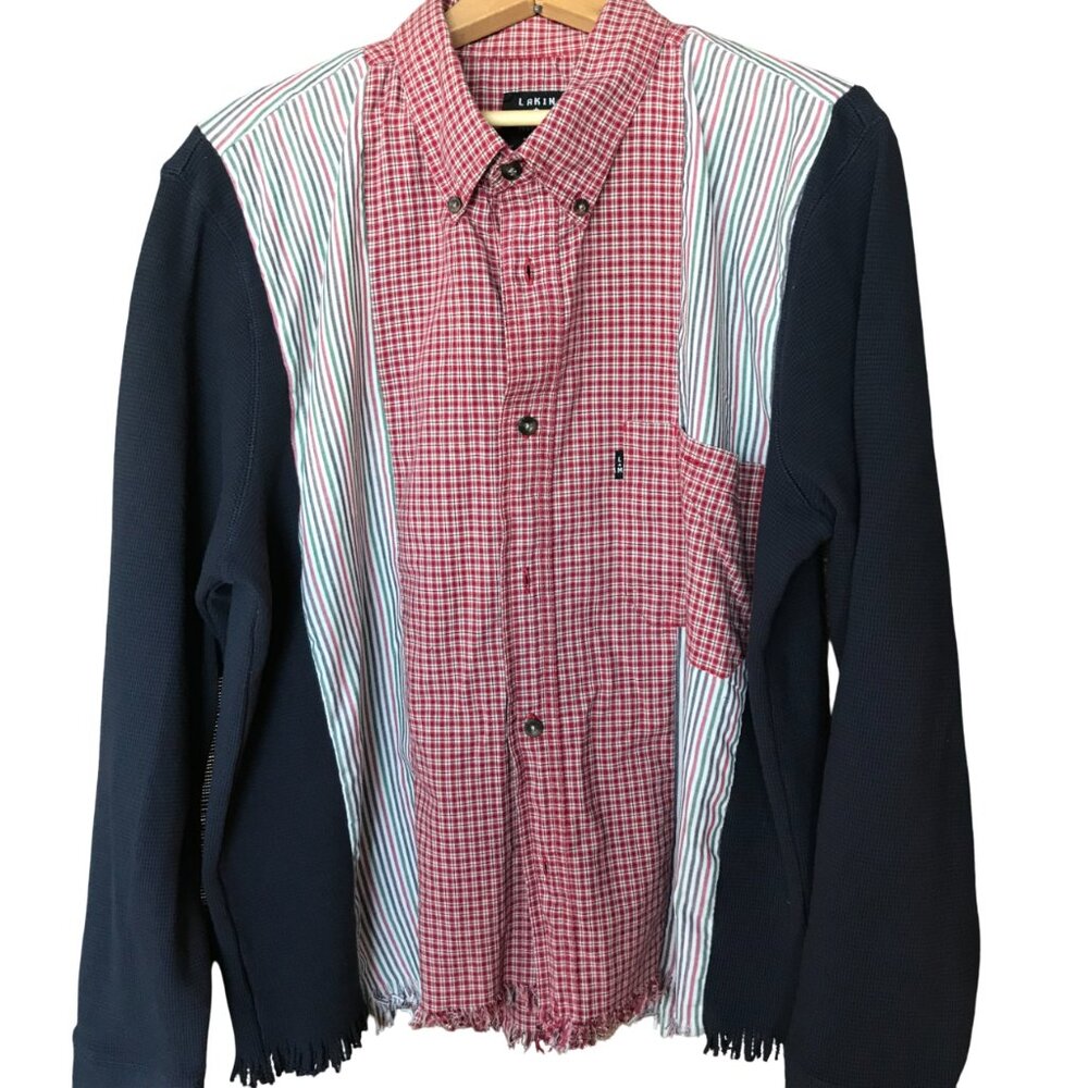 Upcycled Mixed Print Button-Down Shirt, Spliced Plaid & Striped Top Size M-L